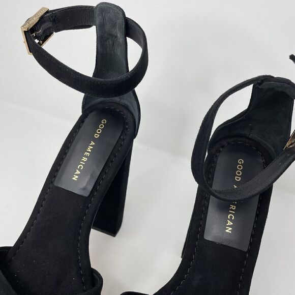 GOOD AMERICAN Description Platform Sandal Womens 9 Black Suede Heels NEW Ankle - Picture 4 of 11